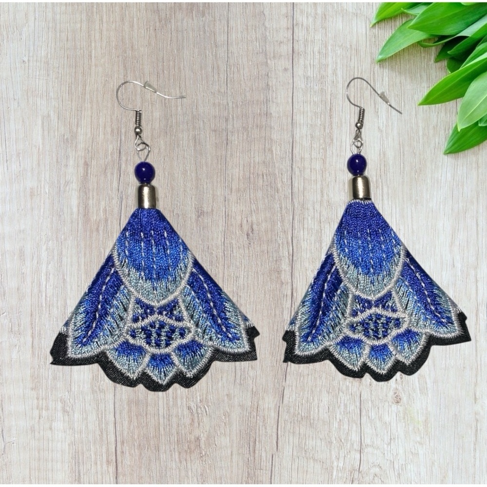 🔹Bohemian Blue & Green Embroidered Dangle Drop Earrings Tribal Ethnic Jewelry